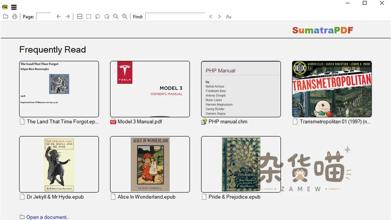 Sumatra PDF 常用 PDF、CHM、EPUB 和漫画文档首页界面