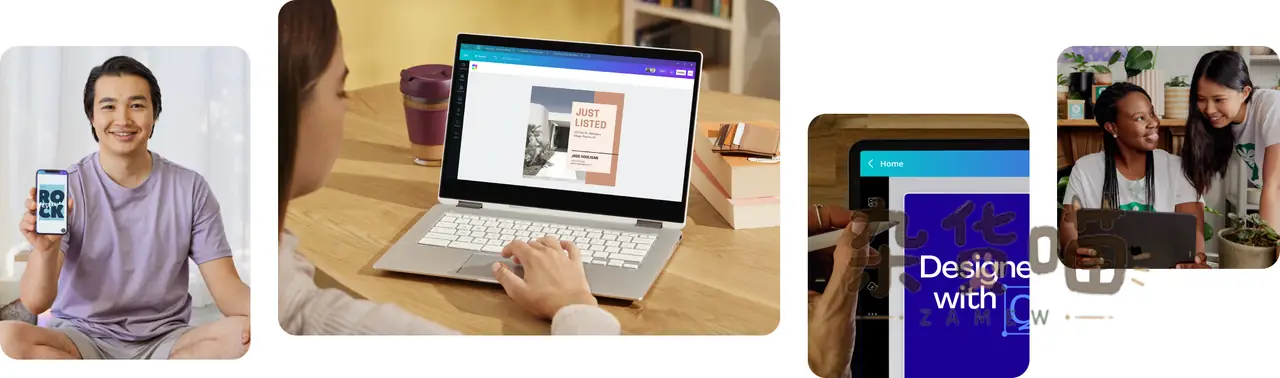 Canva 官方产品图:Windows桌面端设计界面与跨设备设计场景