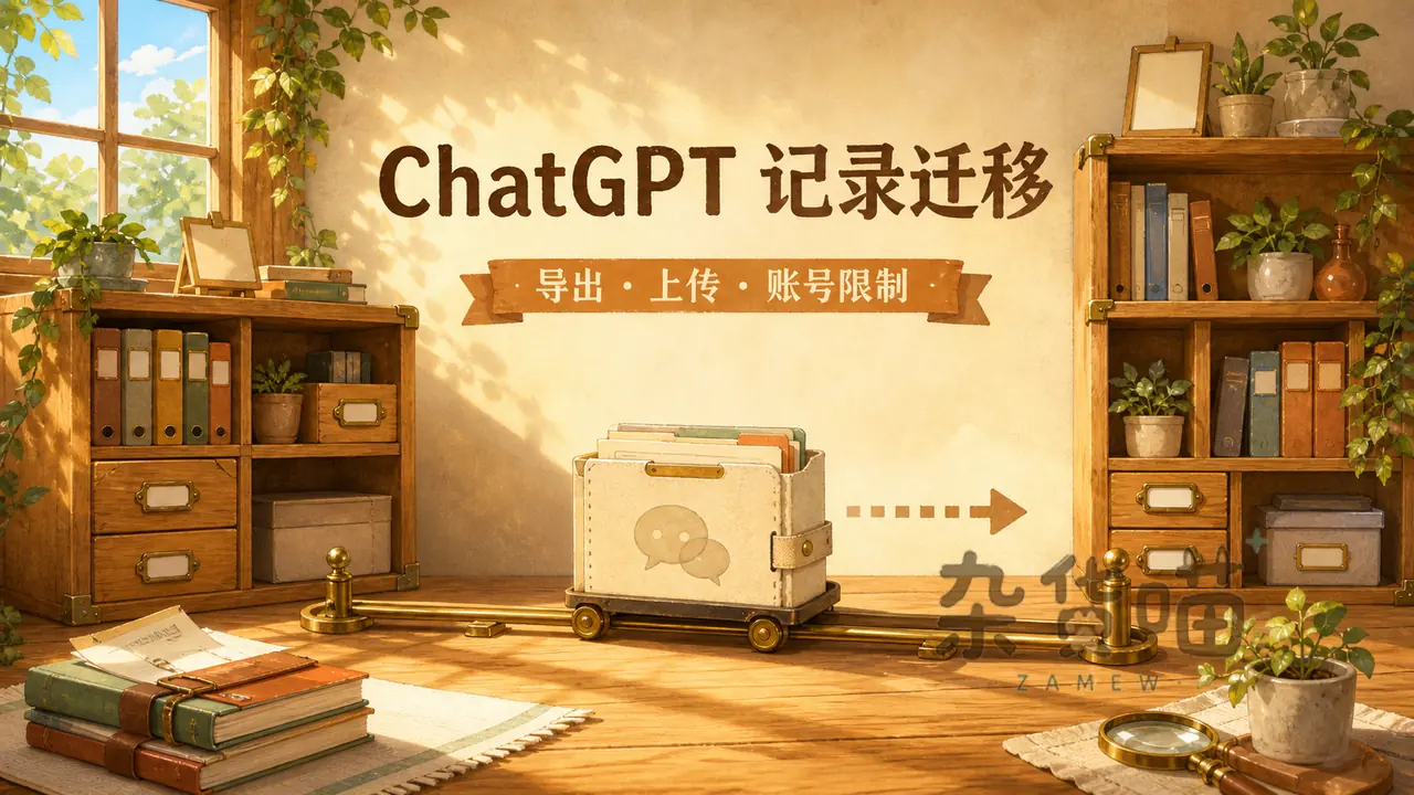 ChatGPT 聊天记录从旧账号导出并上传到新账号的日光档案迁移示意图