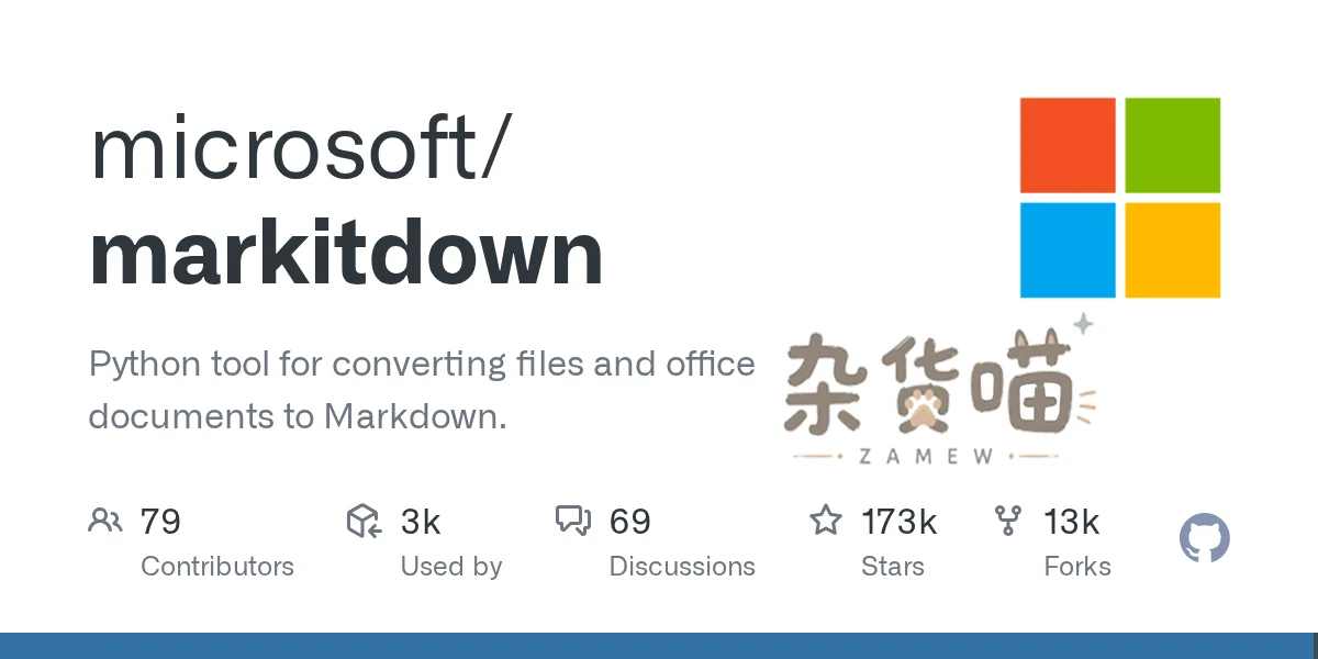 Microsoft MarkItDown GitHub 项目卡片
