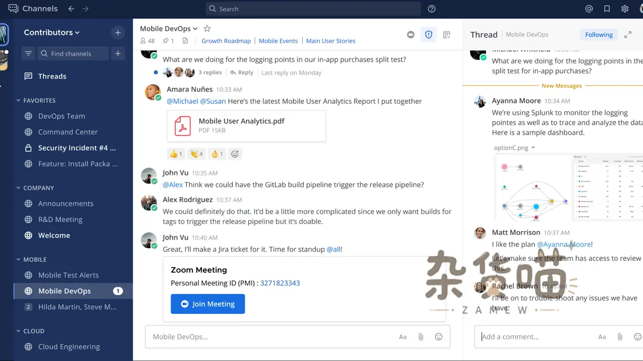 Mattermost Channels 界面:频道消息、线程与文件协作