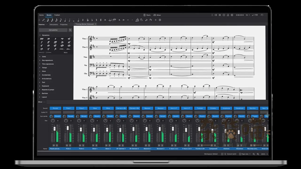 MuseScore Studio 官方界面示例:记谱、调色板与 Mixer