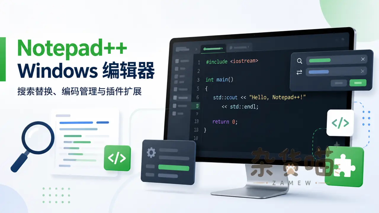 Notepad++ Windows 编辑器封面：搜索替换、编码管理与插件扩展