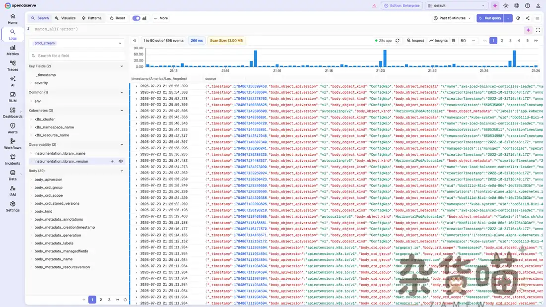 OpenObserve 日志检索、字段过滤与时间分布界面
