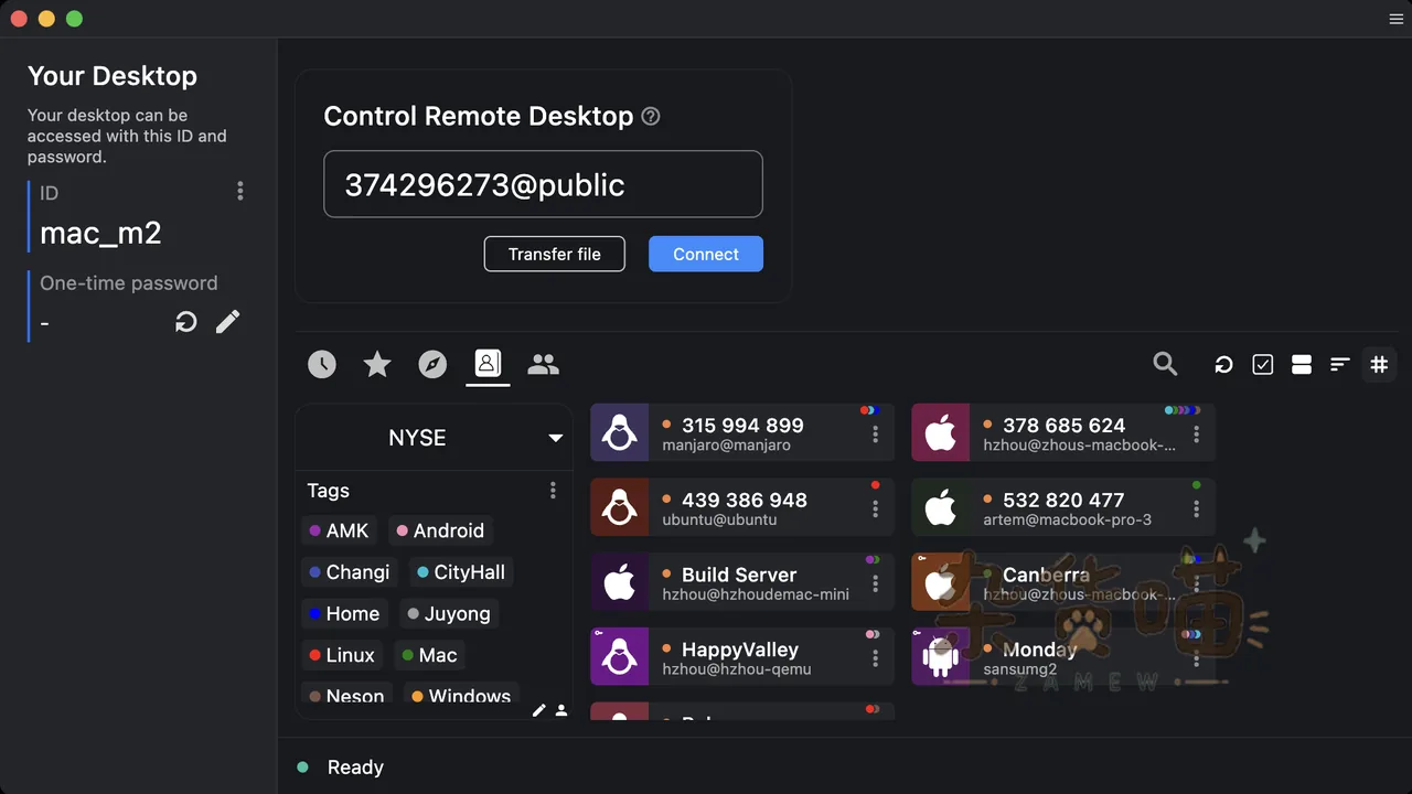RustDesk 官网展示的设备 ID、连接入口与远程设备列表界面