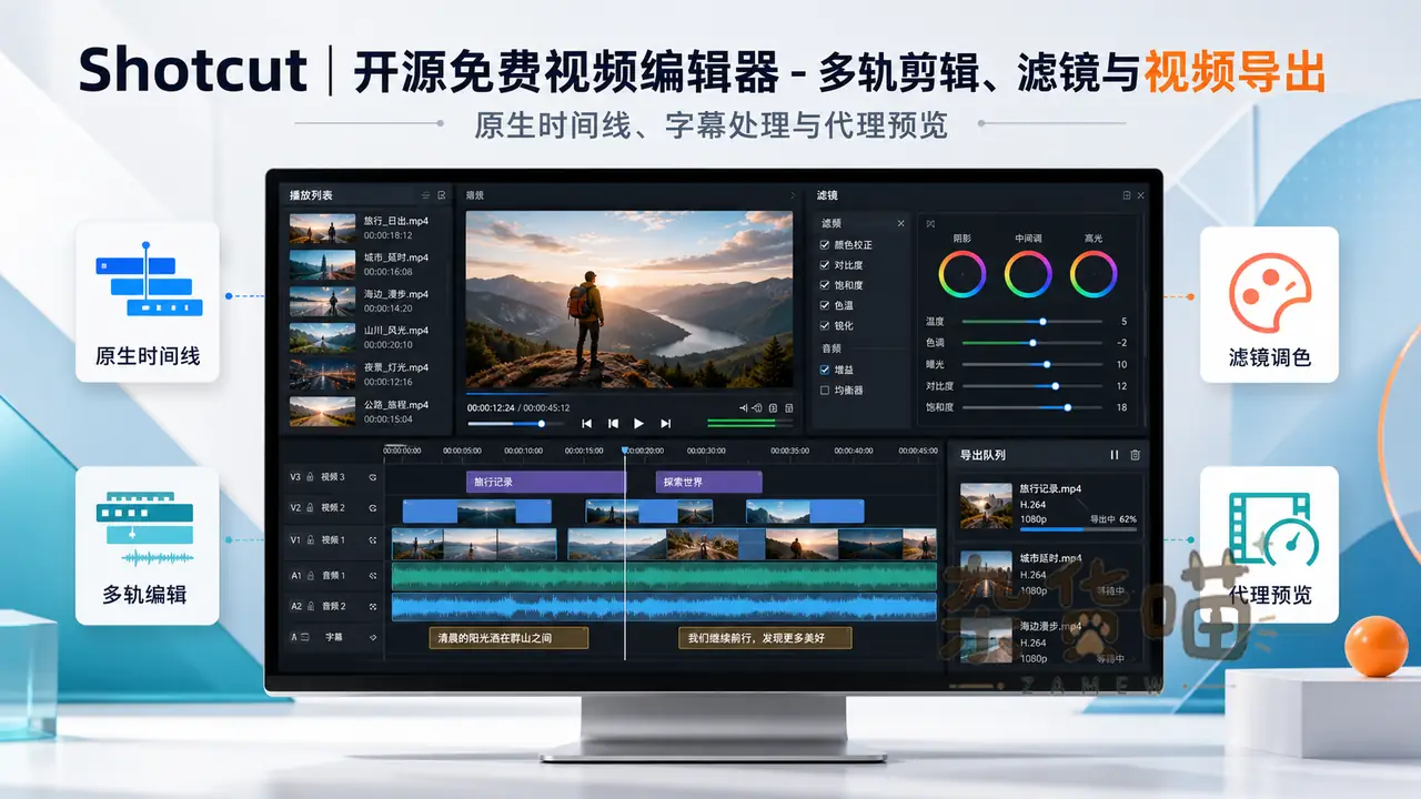 Shotcut 开源免费视频编辑器封面:多轨剪辑、滤镜调色与代理预览