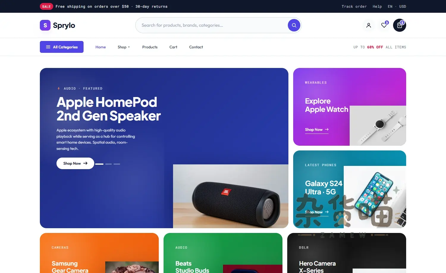 Sprylo 科技产品电商模板首页预览