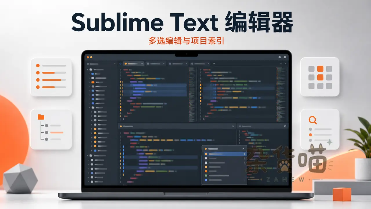 Sublime Text 编辑器封面,展示多选编辑、项目索引和跨平台代码编辑场景