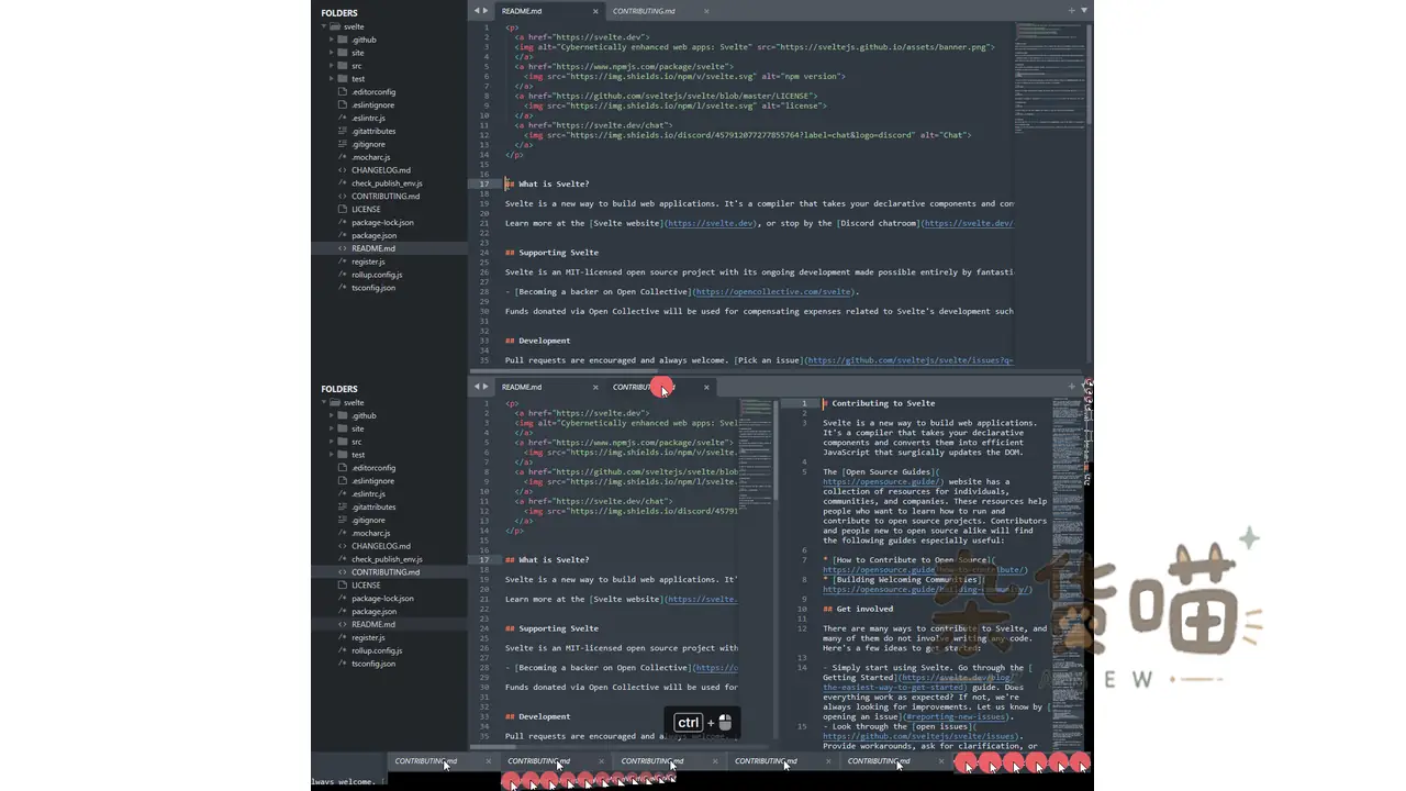 Sublime Text 官方编辑器界面,展示文件侧栏、分栏编辑与 Markdown/代码文件