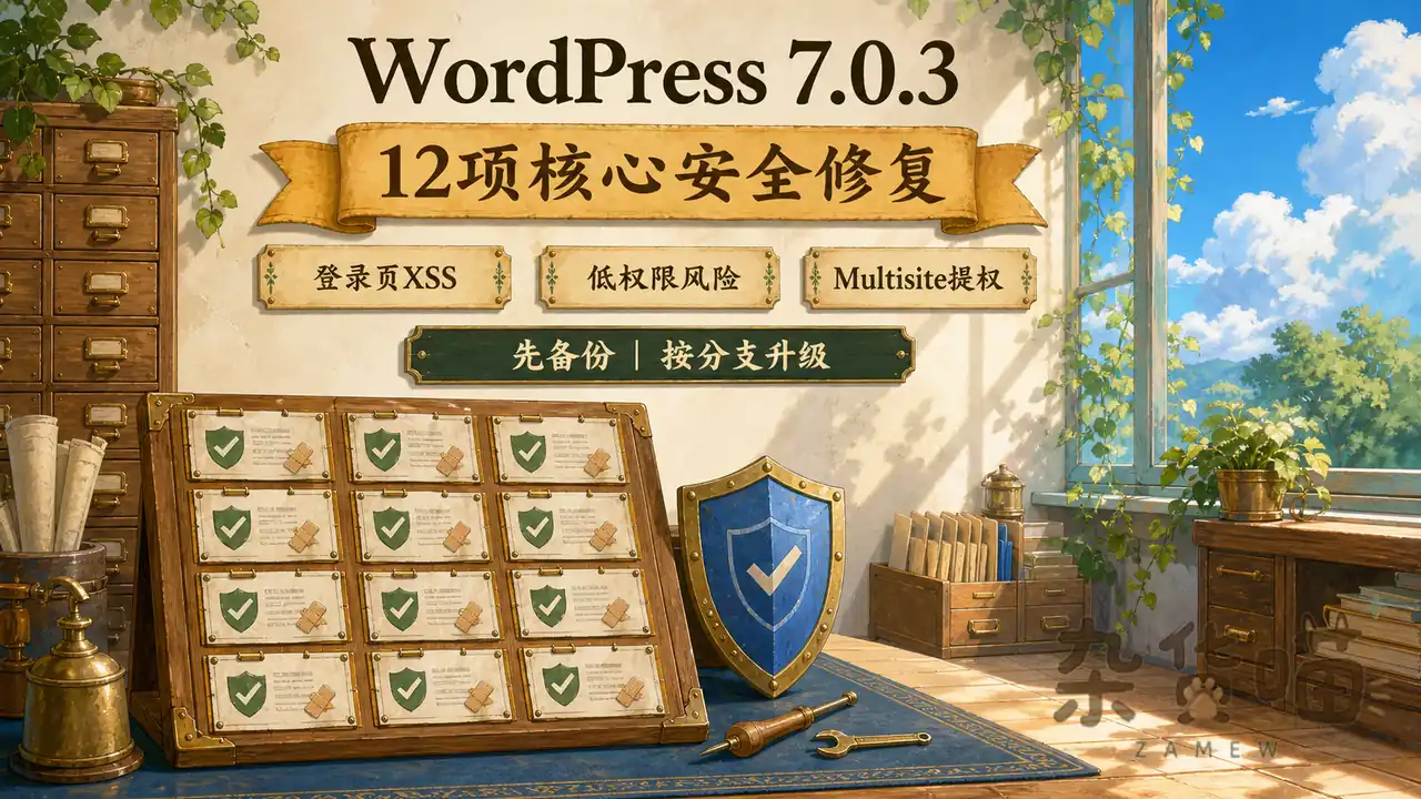 WordPress 7.0.3 十二项核心安全修复与分支升级检查的明亮手绘封面