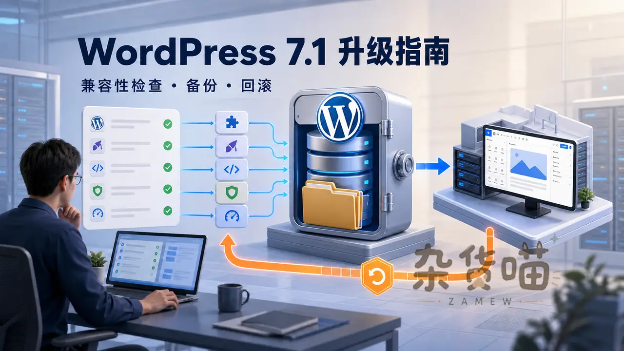 带 WordPress W 标识和 Gutenberg 编辑器的 7.1 升级检查、备份与回滚示意
