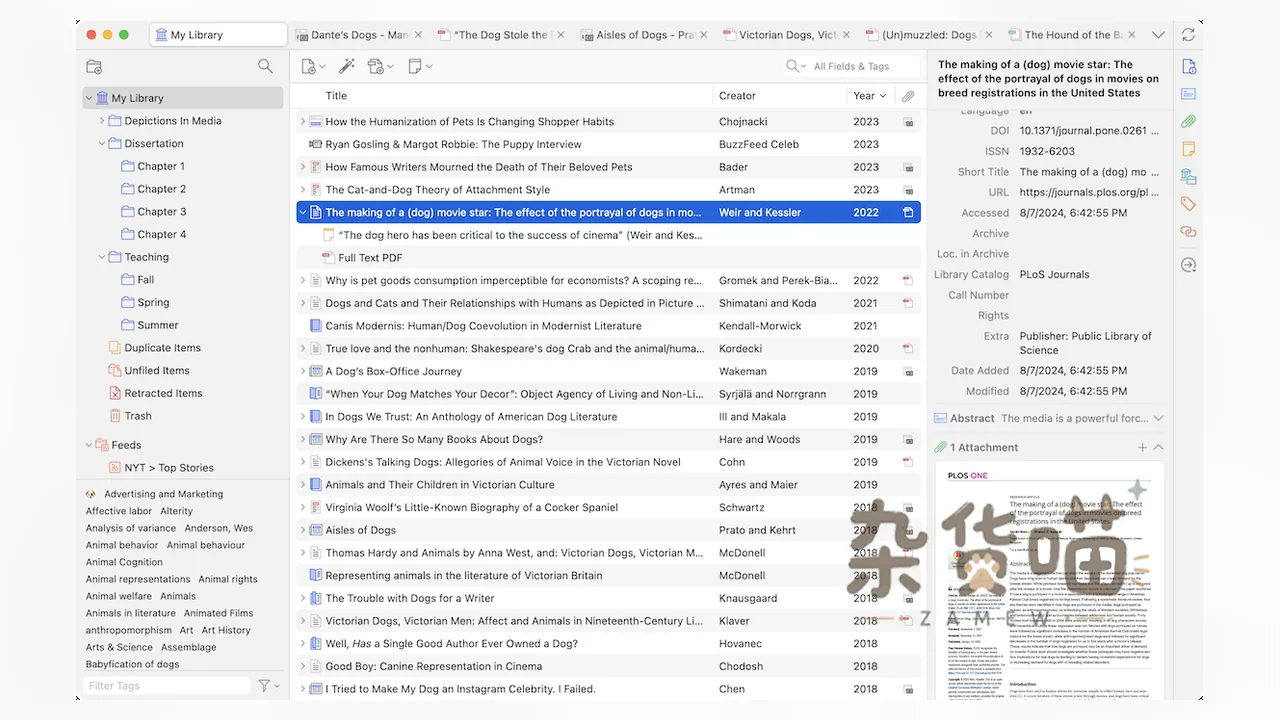 Zotero 官网展示的桌面端文献库与条目元数据界面