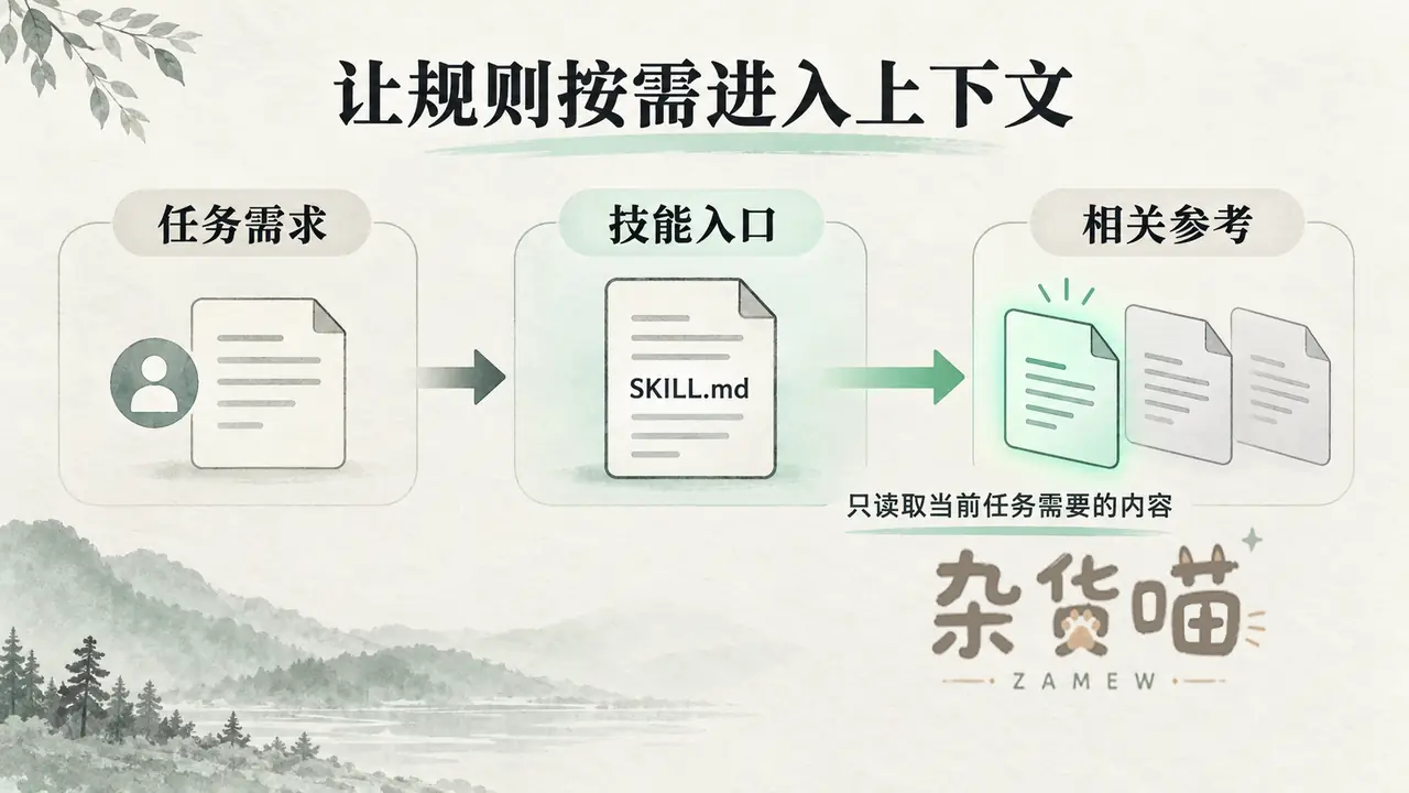 任务需求通过 SKILL.md 技能入口,只读取当前任务相关参考文档的示意图