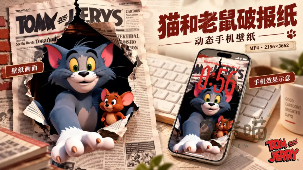 猫和老鼠从破报纸中探出的竖版壁纸画面及手机效果示意