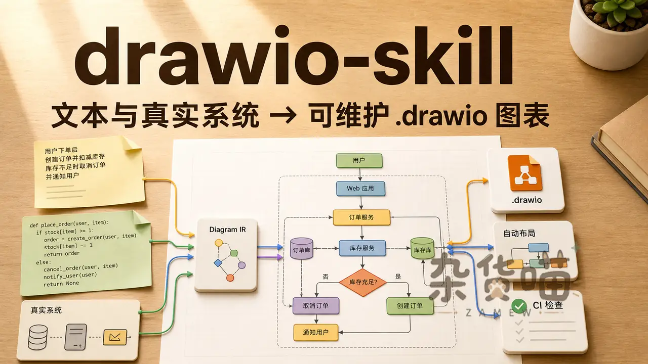 drawio-skill 文本与真实系统到可维护 drawio 图表封面