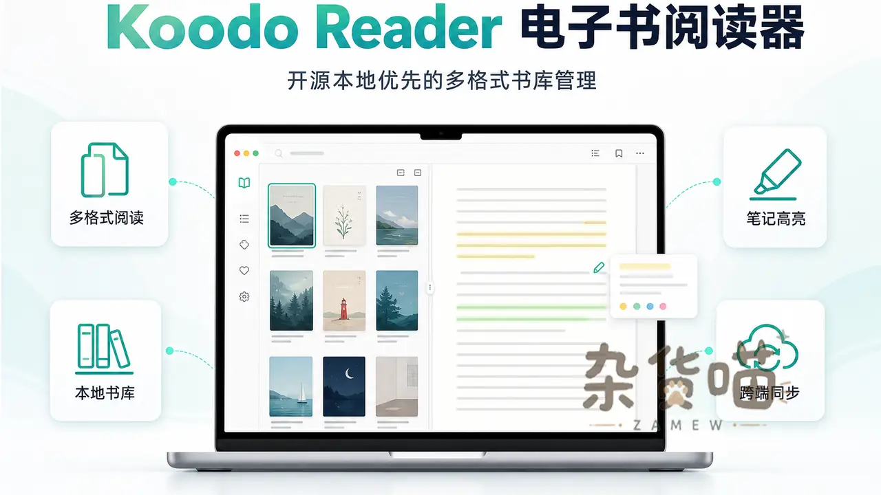 Koodo Reader 电子书阅读器封面:开源本地优先与多格式书库管理