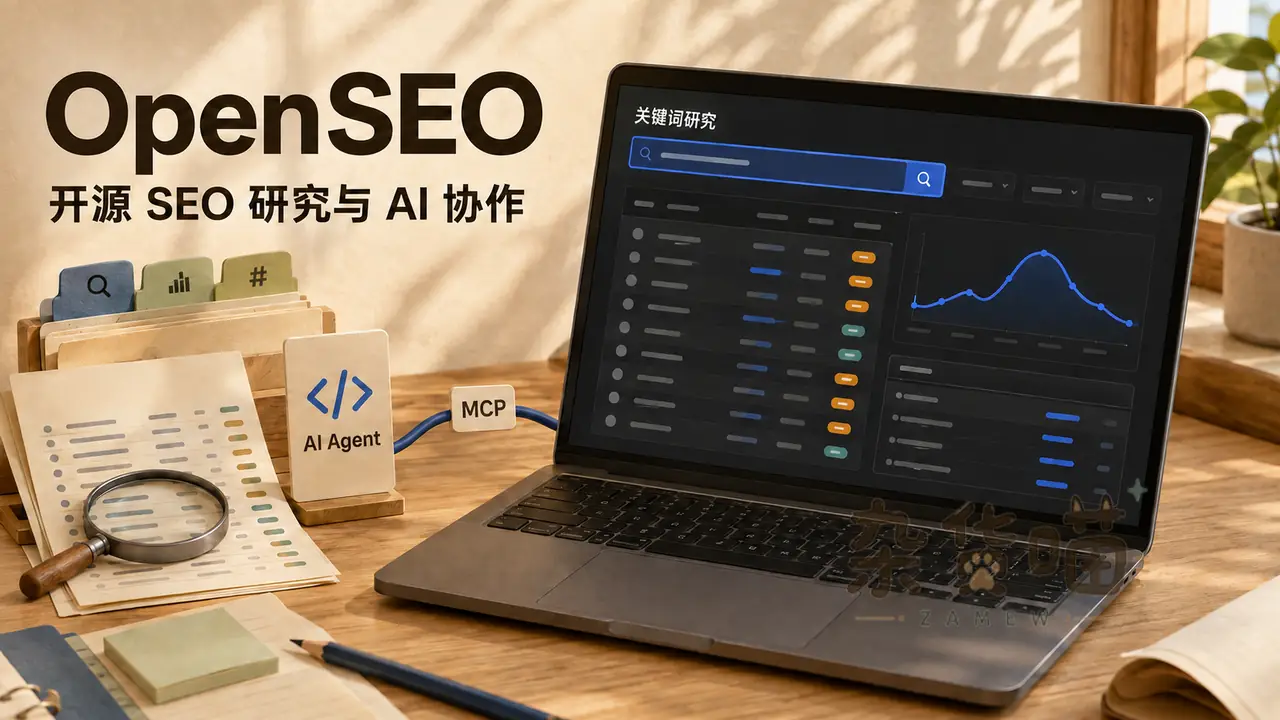 OpenSEO 暖色桌面概念封面,笔记本展示关键词研究,旁有研究纸张与 MCP 和 AI Agent 连接