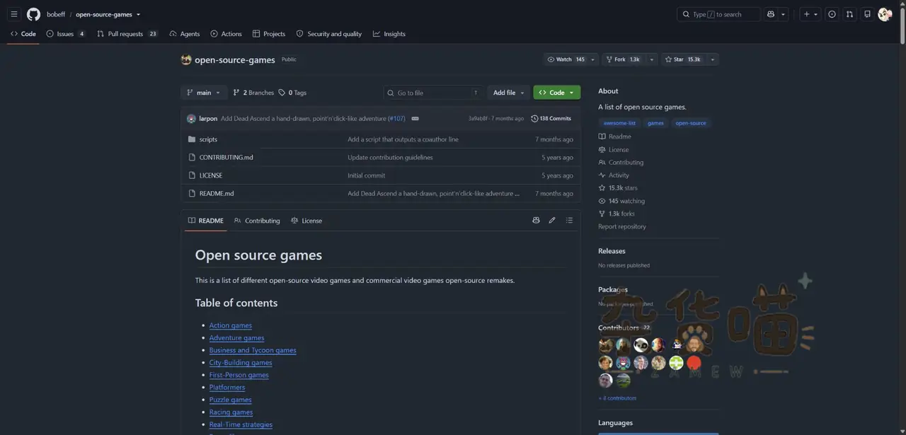 open-source-games GitHub 仓库与游戏分类目录页面