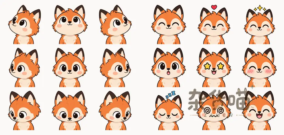 page-mascot 狐狸角色的九个视线方向与九种点击表情精灵表