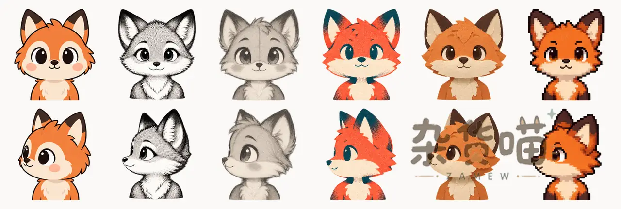 page-mascot 狐狸角色的彩色、墨线、素描、Riso、纸艺与像素六种风格