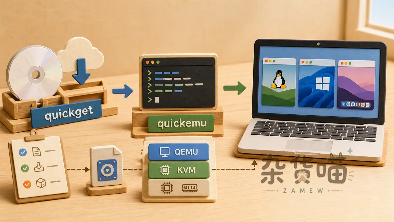 Quickemu quickget 到虚拟机启动流程概念示意