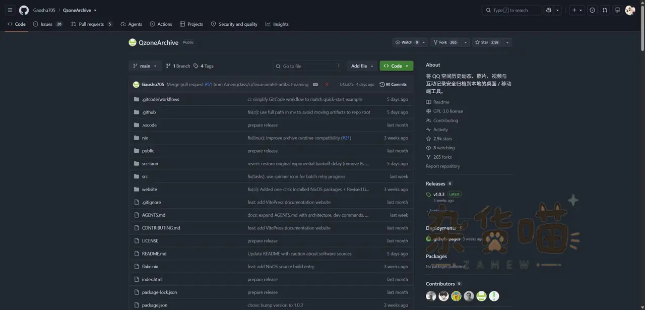 QzoneArchive GitHub 仓库页面与文件结构