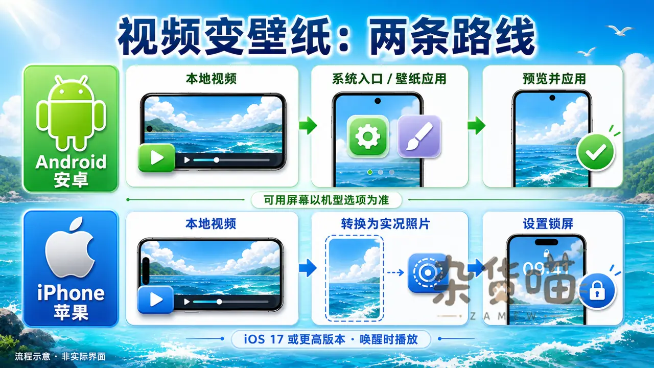 Android安卓视频壁纸与iPhone实况照片锁屏的两条设置路线示意