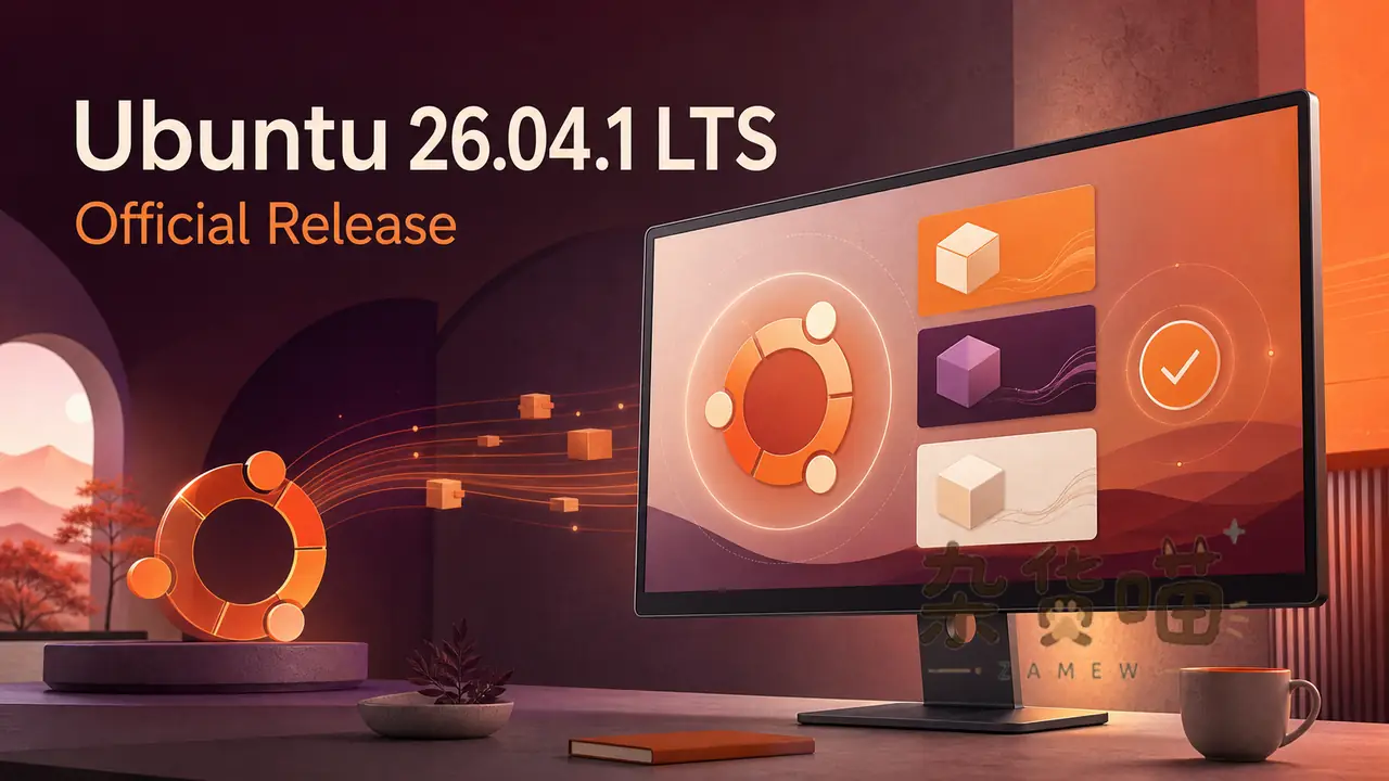 Ubuntu 26.04.1 LTS 发布主题插画,显示器中的系统更新完成状态