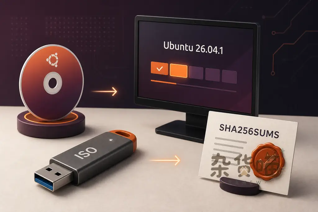 Ubuntu 26.04.1 LTS 安装介质与 SHA256SUMS 校验示意图
