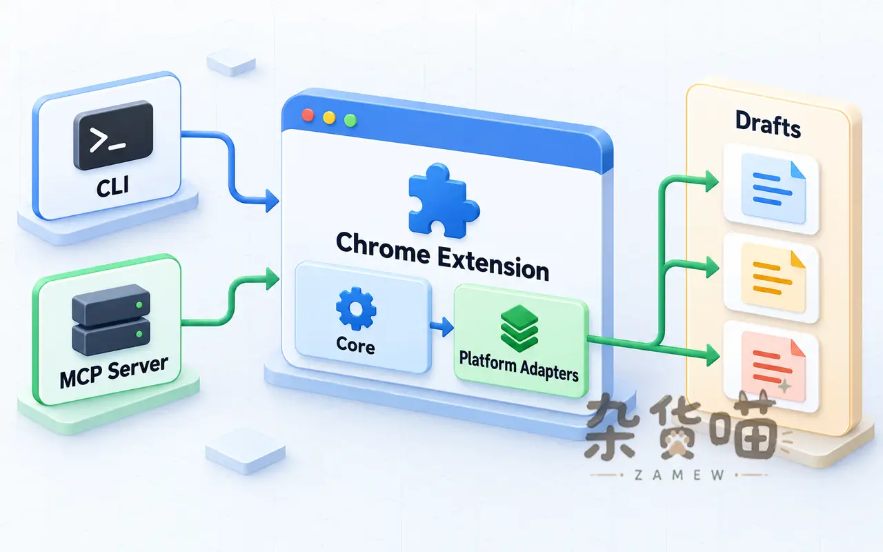 Wechatsync v2 CLI、MCP Server、Chrome Extension 与平台适配器架构图