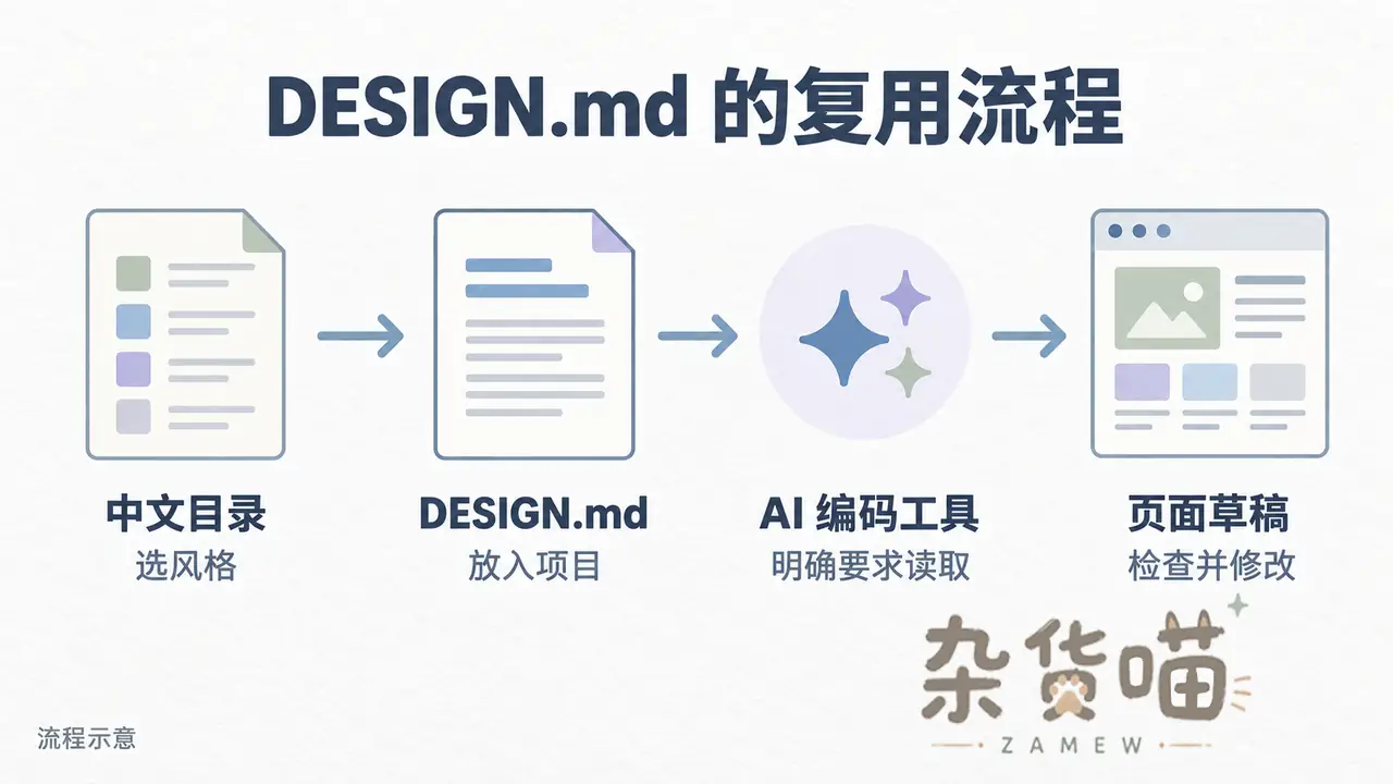 DESIGN.md 复用流程示意:从中文目录选风格,将文档放入项目,要求 AI 编码工具读取,再检查和修改页面草稿