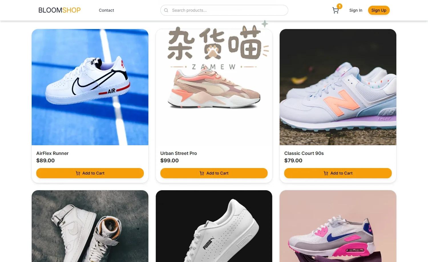 BloomShop 运动鞋电商模板的商品网格与橙黄色加购按钮