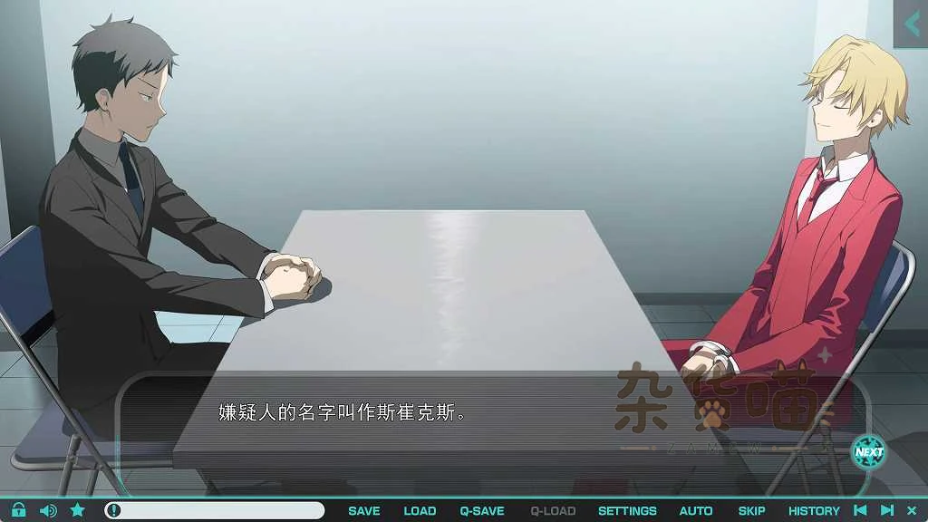 流星世界演员 Gaslight Bullet 审讯室中两名角色与中文对话框