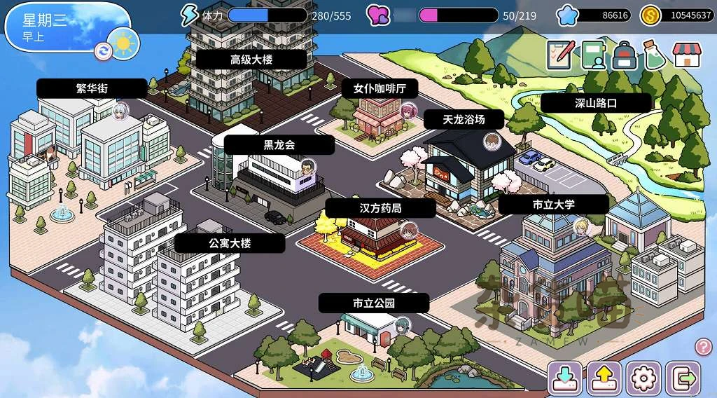背德浴场城镇地图，展示天龙浴场、汉方药局和深山路口等地点