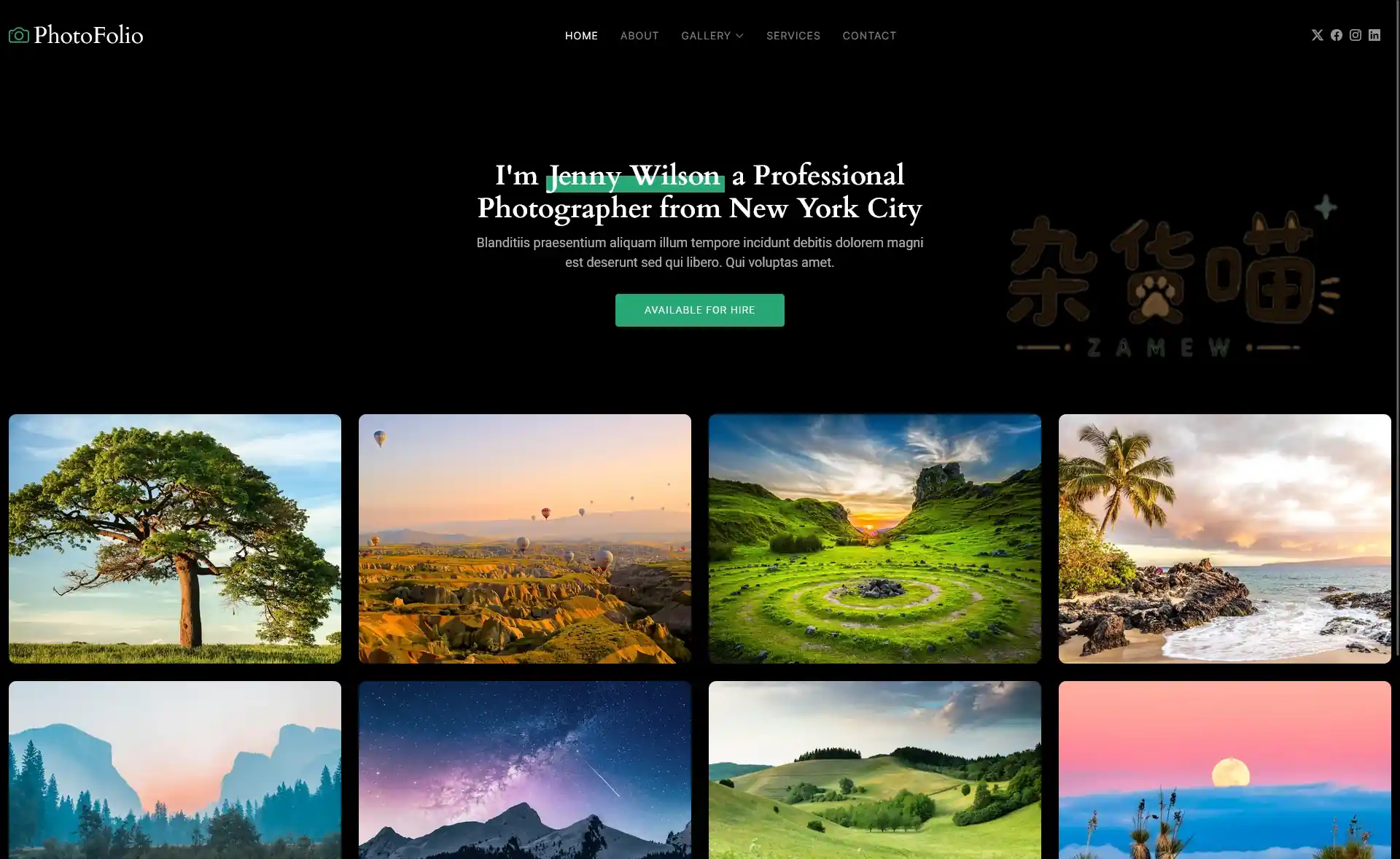 PhotoFolio 摄影作品集首页,黑色背景、绿色联系按钮与两排风景图库