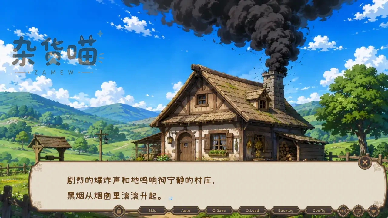 毫无防备的假小子受难开场村庄，木屋烟囱升起黑烟，下方为中文叙述与阅读菜单